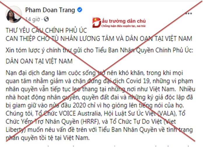 Cần phải trừng trị Phạm Đoan Trang khi mượn danh 'nhân dân Việt Nam' để viết thư ngỏ 'yêu cầu Chính phủ Úc can thiệp'