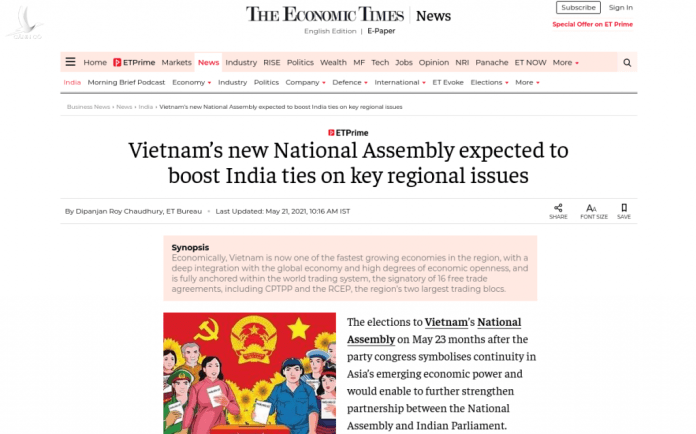 Economic Times kỳ vọng Quốc hội khóa mới sẽ húc đẩy quan hệ Ấn Độ-Việt Nam ngày càng chặt chẽ