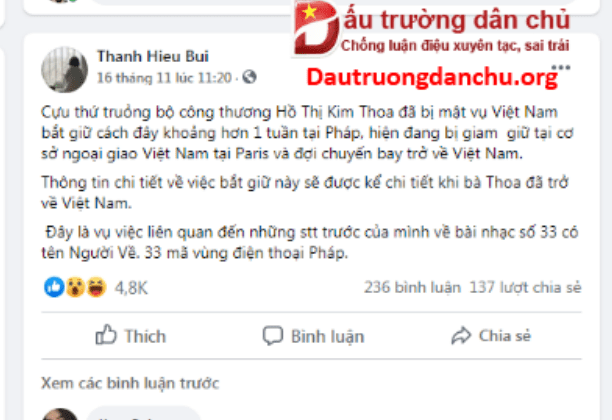 Lộ rõ mưu đồ Bùi Thanh Hiếu dựng chuyện ‘bắt giữ bà Hồ Thị Kim Thoa’ ở Pháp