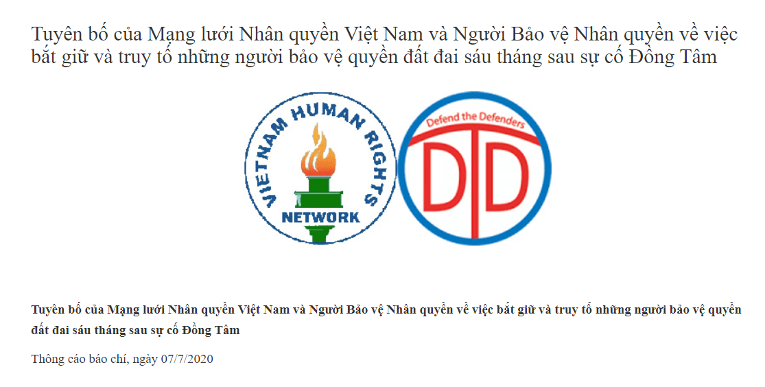 Mạng lưới Nhân quyền Việt Nam, Người bảo vệ Nhân quyền và cái gọi là “tuyên bố về việc bắt giữ và truy tố những người bảo vệ quyền đất đai sáu tháng sau sự cố Đồng Tâm”