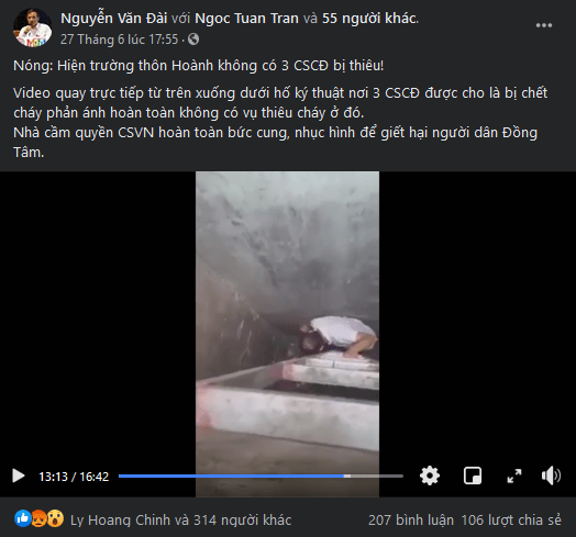 Nguyễn Văn Đài đăng clip sai sự thật về vụ Đồng Tâm
