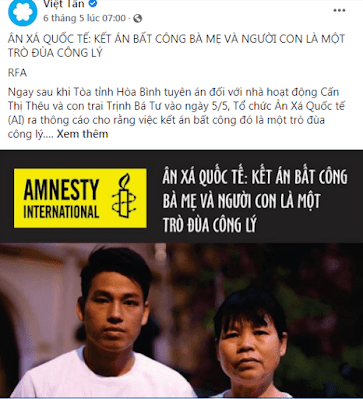 Tổ chức “Ân xá quốc tế” lại tìm cách “quốc tế hóa” phiên tòa sơ thẩm mẹ con Cấn Thị Thêu