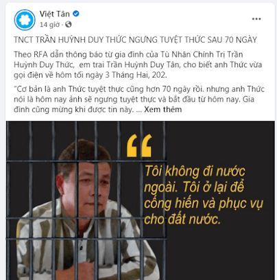 Trần Huỳnh Duy Thức đã dừng tuyệt thực sau 70 ngày “không ăn cơm trại giam”