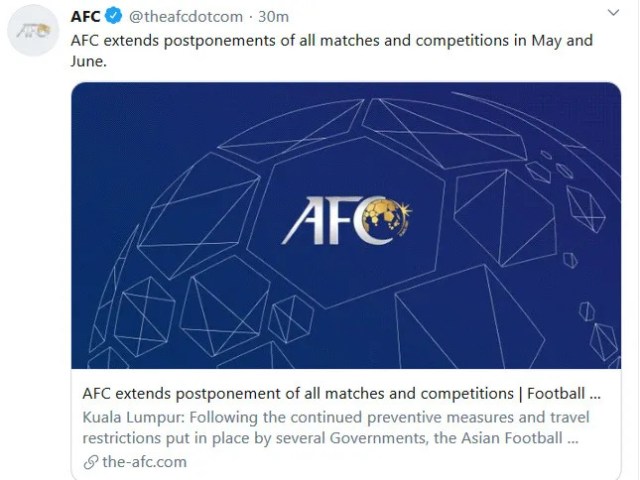 AFC kéo dài lệnh cấm thi đấu tất cả các giải bóng đá vì COVID-19