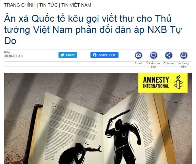 Ân xá quốc tế giở giọng “thương vay khóc mướn” cho nxb Tự do