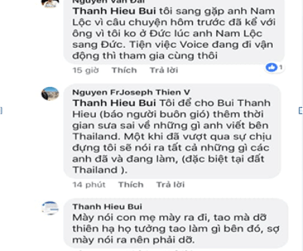 Nguyen FrJoseph Thien V dọa sẽ công khai 'việc làm mờ ám' của Bùi Thanh Hiếu ở Thái Lan