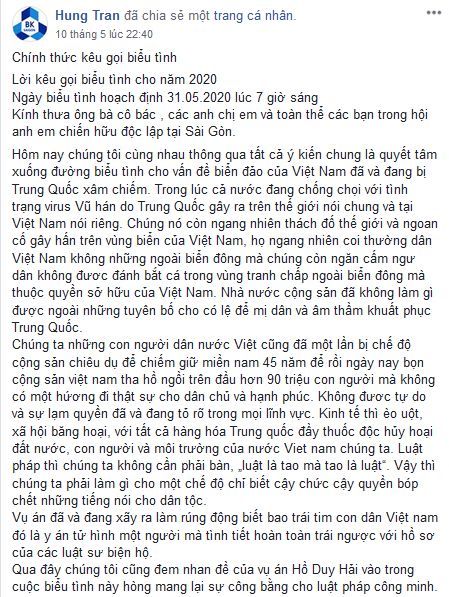 Bàn về lời kêu gọi biểu tình, bạo động vào ngày 31/05/2020