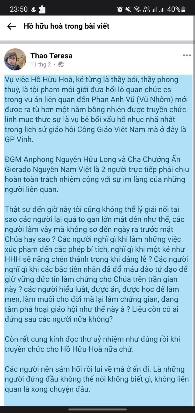 Bê bối ở giáo phận Vinh! Bài 4: Giới dân chủ chia rẽ vì Hồ Hữu Hòa