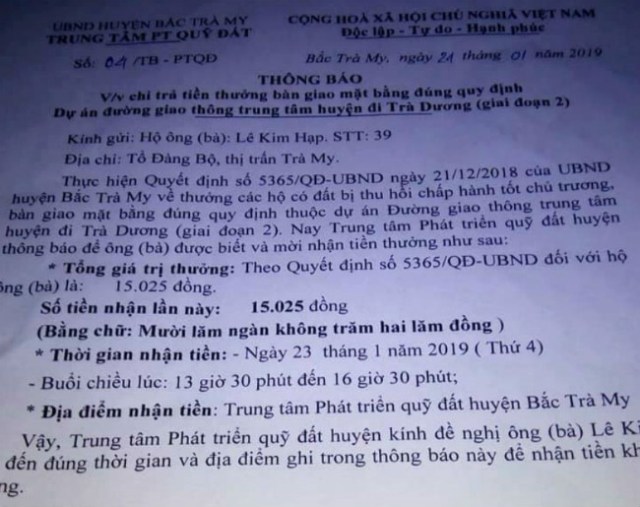 Bi hài chuyện thưởng 15.025 đồng cho hộ dân bàn giao mặt bằng đúng quy định