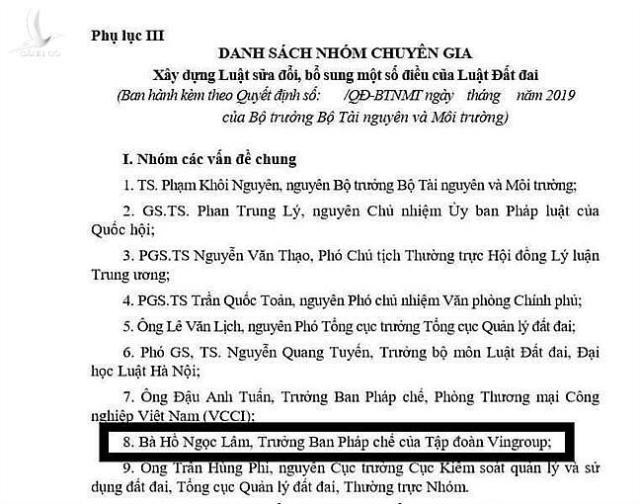 Bộ TNMT lên tiếng việc Trưởng Ban pháp chế Vingroup tham gia sửa Luật đất đai Việt Nam