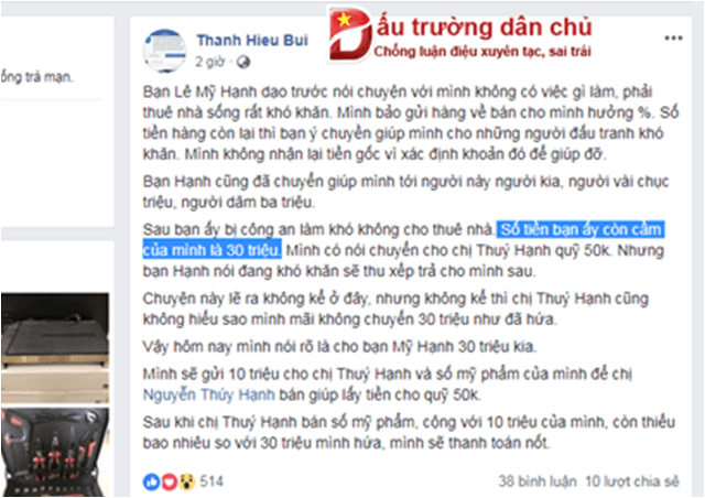 Bùi Thanh Hiếu đấu tố nhà đấu tranh dân chủ Lê Mỹ Hạnh 'quỵt tiền'