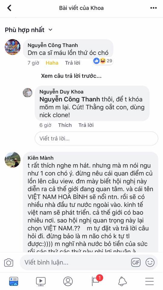 Ca sĩ Duy Khoa đăng bài về Hội nghị Thượng đỉnh và bị chửi sml