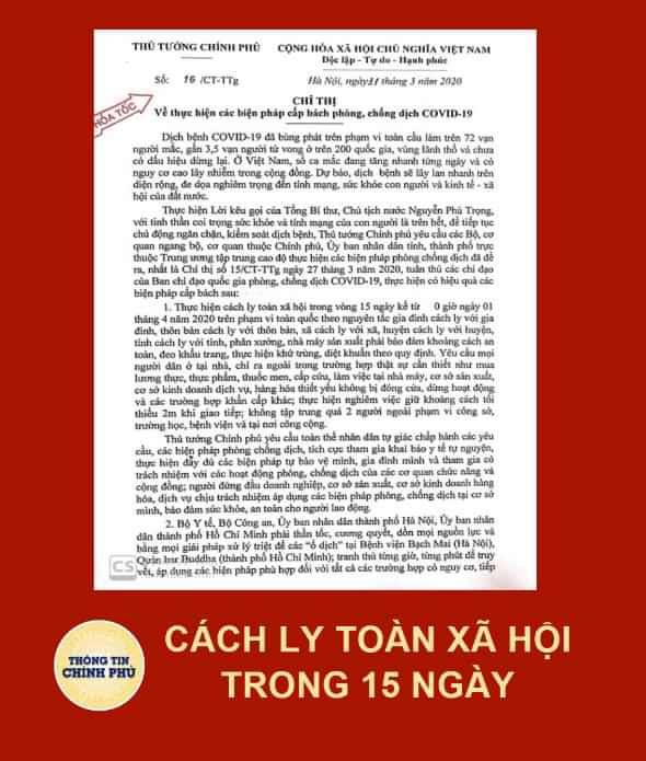 Cách ly toàn xã hội trên phạm vi toàn quốc trong 15 ngày