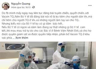 Cần xử lý nghiêm Fbker Nguyễn Quang vì xuyên tạc công tác phòng chống dịch Covid-19