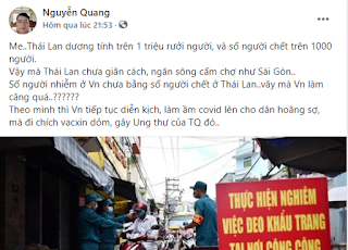 Cần xử lý nghiêm Fbker Nguyễn Quang vì xuyên tạc công tác phòng chống dịch Covid-19