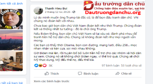 Chuyện Bùi Thanh Hiếu không thích Trump thắng cử: Lại chuyện 'ở trong chăn mới biết chăn có rận'!