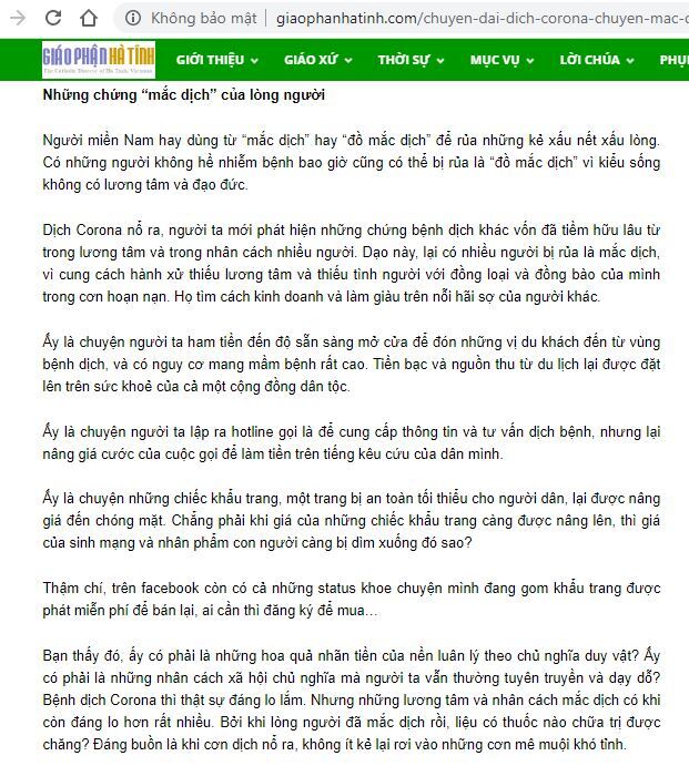 Chuyện đại dịch Corona – Chuyện mắc dịch của lòng người Việt Nam hay người Công giáo Giáo phận Hà Tĩnh?!