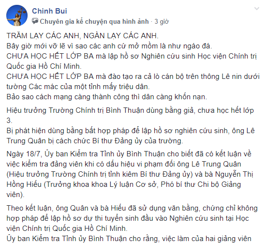 Chuyện phó hiệu trưởng trường chính trị Bình Thuận dùng bằng giả dự thi nghiên cứu sinh và mồm miệng đám lưu manh chính trị