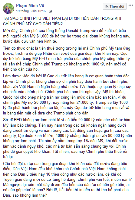 Có hay không việc Việt Nam thu tiền, còn Mỹ phát tiền cho dân trong dịch COVID-19?