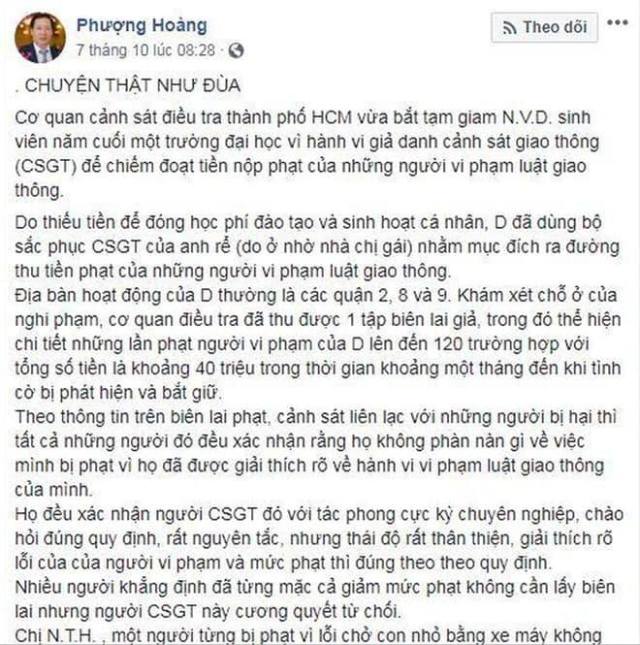 Công an TP Hồ chí minh thông tin về nội dung bịa đặt, sai sự thật về CSGT