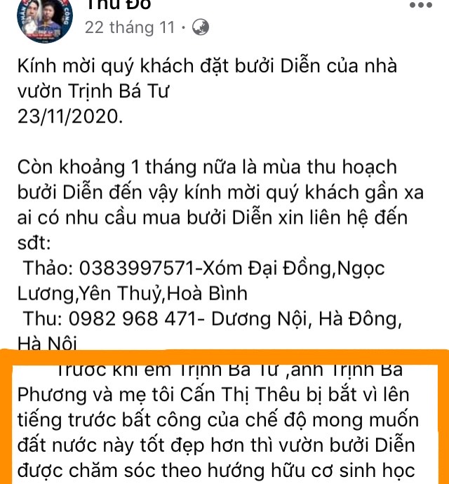 Đỗ Thị Thu tranh thủ việc 3 thành viên gia đình bị bắt để  quảng cáo cho việc bán bưởi