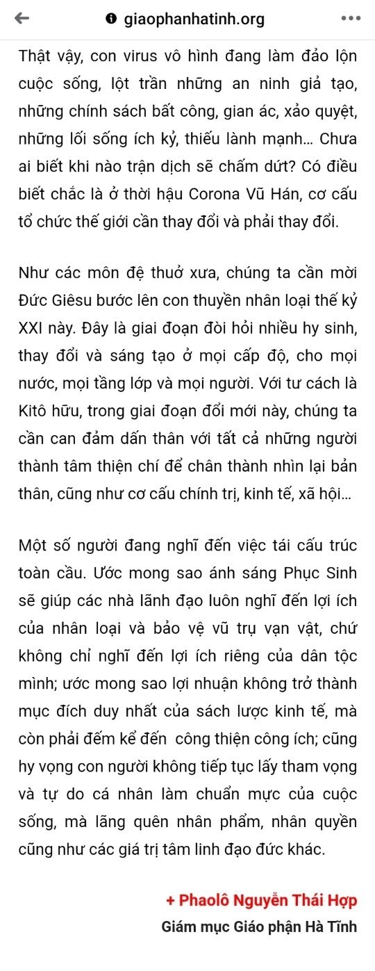 Đôi lời về bài giảng của Đức cha Nguyễn Thái Hợp trong Thánh lễ Tiệc ly năm 2020