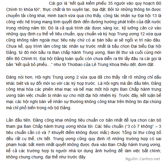 Fanpage Chim Báo Bão có  kết quả “quy hoạch Bộ chính trị, Ban Bí thư khóa XIII” không?