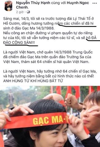 Kêu gào tưởng niệm các liệt sỹ hi sinh trong sự kiện Gạc Ma nhưng lại kêu gào 