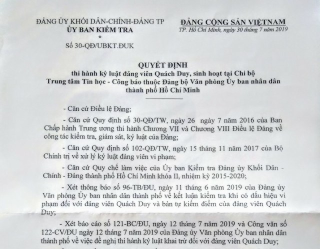 Khai trừ đảng chuyên viên Văn phòng UBND TP.HCM ‘nói xấu, bôi nhọ lãnh đạo’