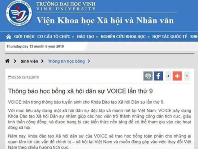 Công an điều tra website Đại học Vinh đăng thông tin học bổng cho tổ chức phản động