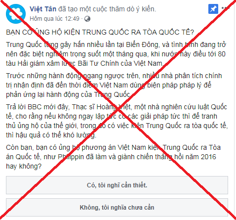 Kịch hài thăm dò "bạn có ủng hộ kiện Trung Quốc ra tòa quốc tế " của Việt tân