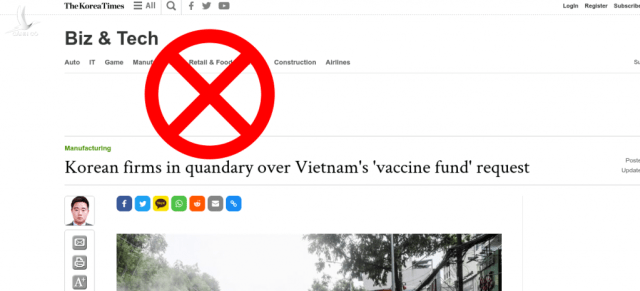 Korea Time cần xin lỗi vì xuyên tạc ý nghĩa tốt đẹp của “Quỹ vaccine Việt Nam” Korea Time cần xin lỗi vì xuyên tạc ý nghĩa tốt đẹp của “Quỹ vaccine Việt Nam”