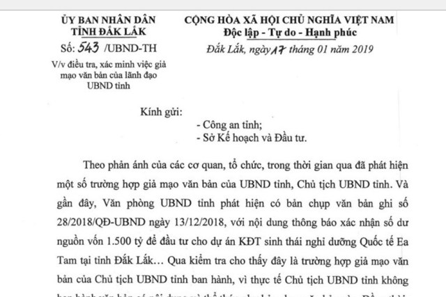 Lại làm giả công văn của Chủ tịch tỉnh Đắk Lắk để tung tin thất thiệt