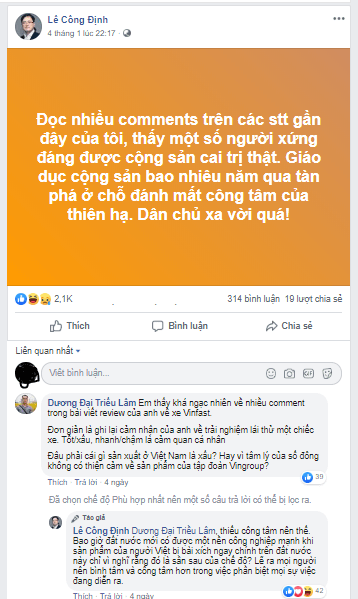 Lê Công Định có “tự diễn biến, tự chuyển hóa” sau khi ca tụng xe Vinfast?