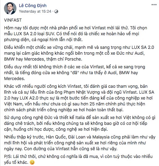 Lê Công Định có “tự diễn biến, tự chuyển hóa” sau khi ca tụng xe Vinfast?