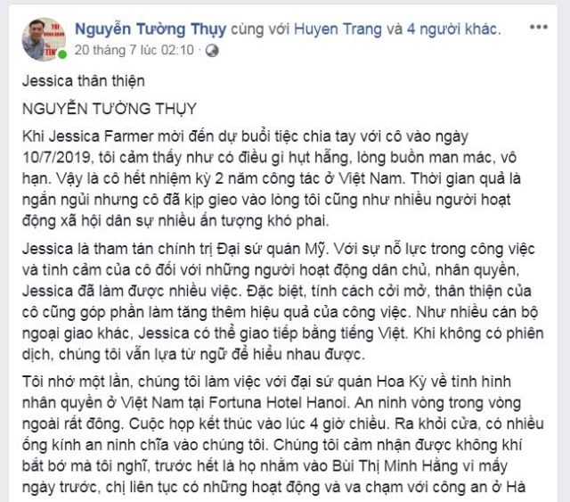 Lí do Nguyễn Tường Thuỵ tiếc nuối khi cựu Tham tán chính trị Đại sứ quán Hoa Kỳ hết nhiệm kỳ?