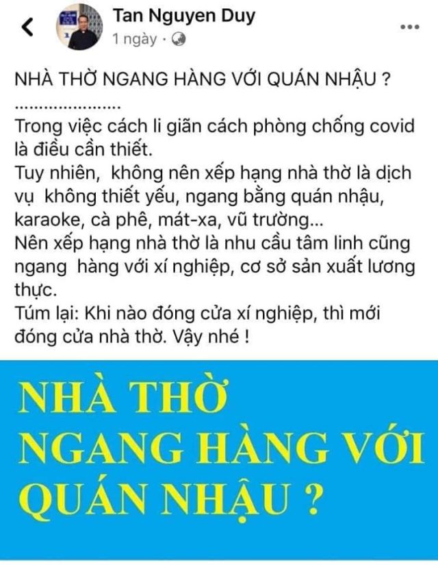 Linh mục Nguyễn Duy Tân loạn ngôn về chuyện cách ly xã hội trong mùa dịch Covid 19