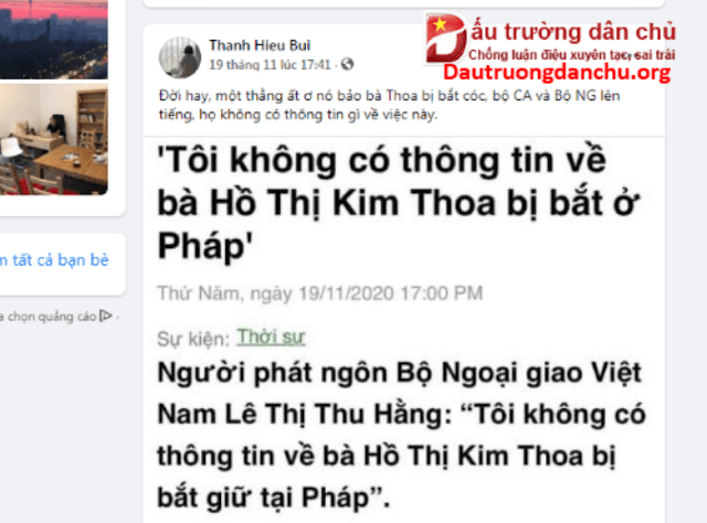 Lộ rõ mưu đồ Bùi Thanh Hiếu dựng chuyện 'bắt giữ bà Hồ Thị Kim Thoa' ở Pháp