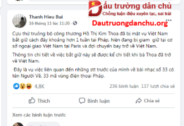 Lộ rõ mưu đồ Bùi Thanh Hiếu dựng chuyện 'bắt giữ bà Hồ Thị Kim Thoa' ở Pháp