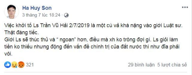 Ls Hà Huy Sơn nói gì sau khi Ls Trần Vũ Hải bị khởi tố?