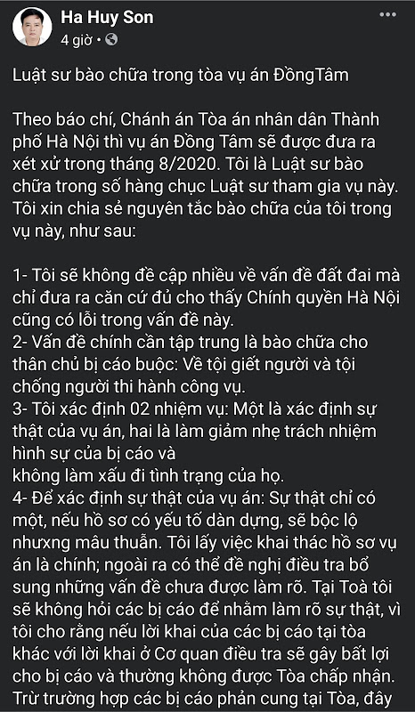 Luật sư Hà Huy Sơn và thay đổi nhận thức về vụ việc Đồng Tâm