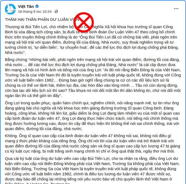 Ngừng ngay trò lố lợi dụng phát ngôn sai lệch của ông Thượng tá biến chất