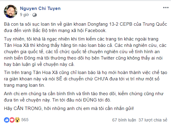 Nguyễn Chí Tuyến cảnh tỉnh cộng đồng rận chủ trước thông tin giàn khoan DongFeng 13-2 vào Biển Đông