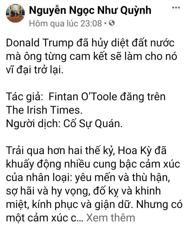 Nguyên văn 1 bài post mới từ mẹ Nấm: Donald Trump đã hủy diệt đất nước mà ông từng cam kết sẽ làm cho nó vĩ đại trở lại