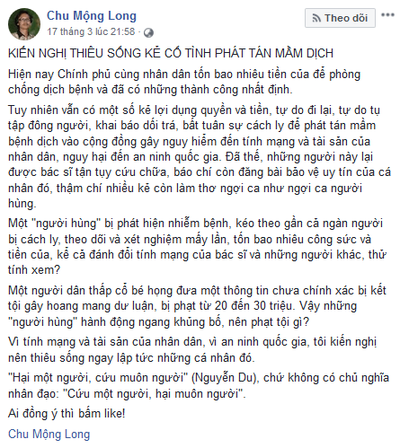 Nhà dân chủ Chu Mộng Long  kiến nghị thiêu sống những bệnh nhân COVID-19 trốn cách ly