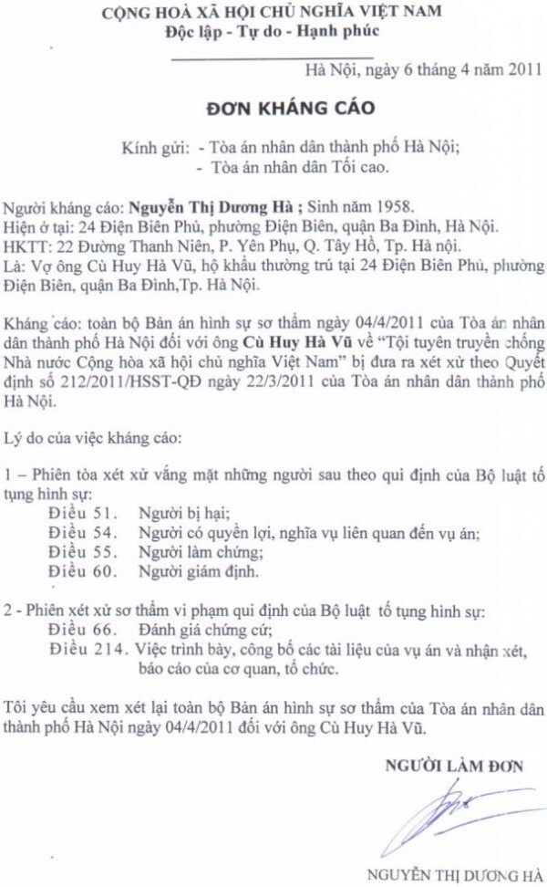 Ông Cù Huy Hà Vũ sắp chết?