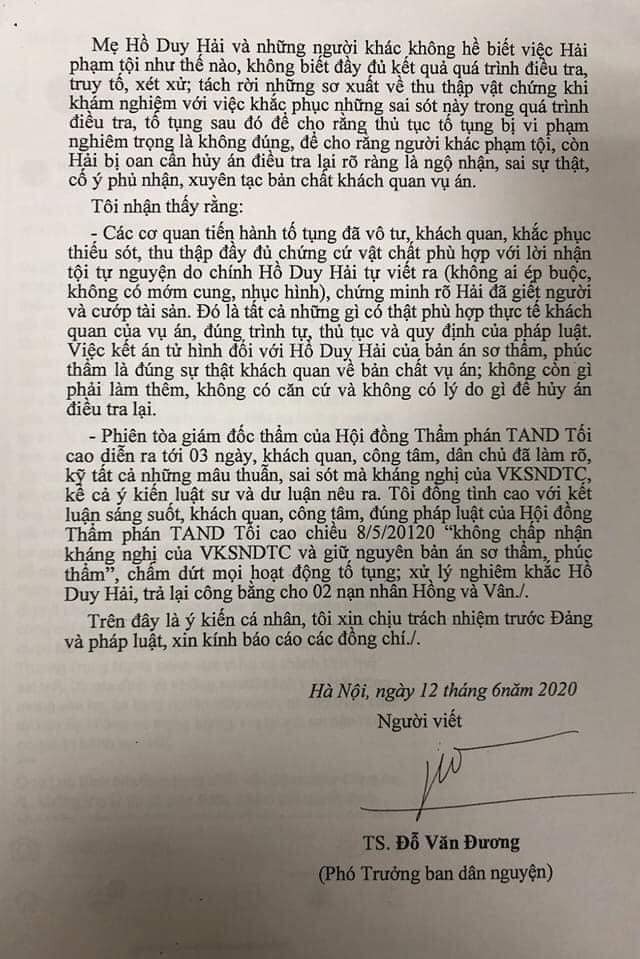 Ông Đỗ Văn Đương: Tôi thấy có trách nhiệm báo cáo lãnh đạo Đảng và Nhà nước về vụ Hồ Duy Hải