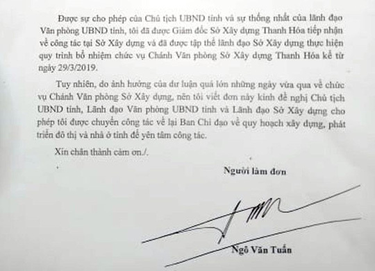 Ông Ngô Văn Tuấn được bố trí làm chuyên viên văn phòng UBND tỉnh Thanh Hóa