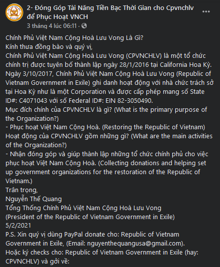 “Phục hoạt Việt Nam Cộng hòa”: dự định nghiêm túc hay cái cần câu tiền, câu danh?