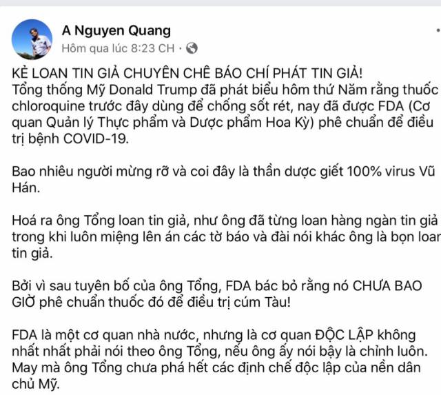 Quang A lớn tiếng chửi Trump là kẻ bịp bợm nói láo